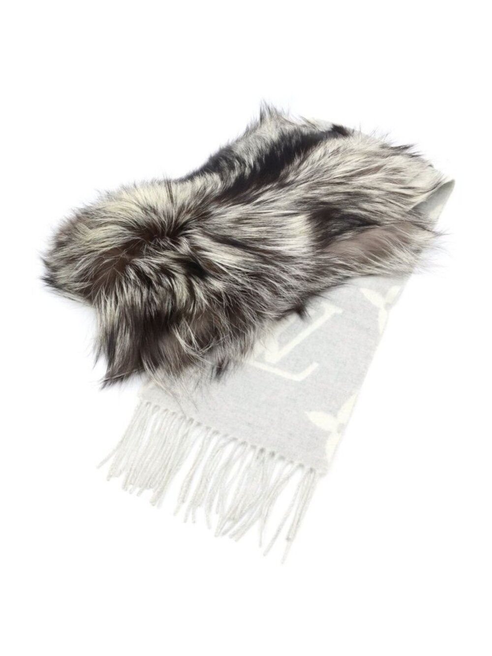 Louis Vuitton Echarpe Reykjavik Fur Gray Perlee Scarf Shawl Monogram Cashmere